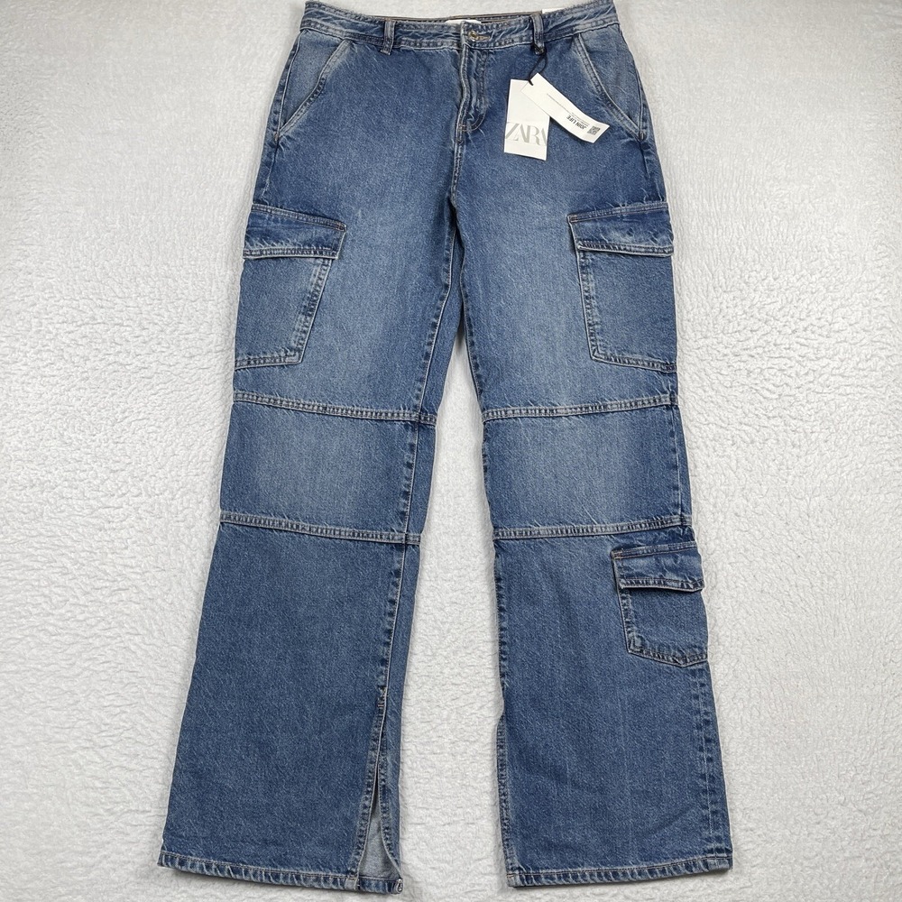 Zara Split Cargo‎ Jeans Womens 8 Blue Mid Rise Wide Leg Split Hem New 8197/209